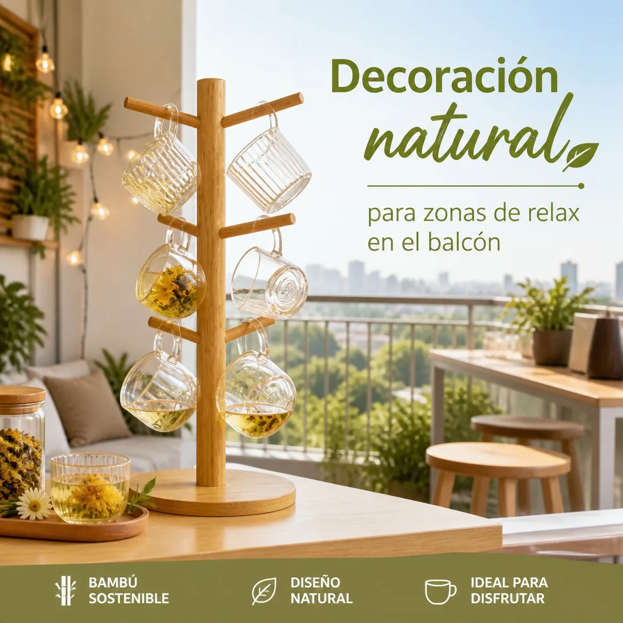 Soporte Organizador de Tazas de Bambú Natural con 6 Ganchos, Árbol Escurridor para Encimera de Cocina, Estante de Almacenamiento Vertical Ecológico y Estable, Medidas 16.3x34.5cm