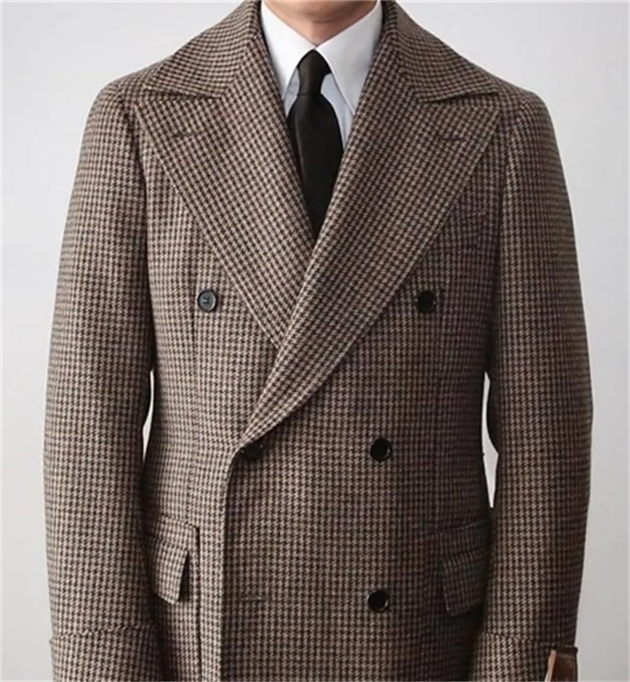 British Style Men Suits Houndstooth 1 Piece Double Breasted Tuxedos Long Warm Thick Business Long Coat Male Outfit Custom Made