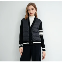 TC-315 V-neck color contrast edge 100% wool patchwork sleeve white down jacket for women's wear