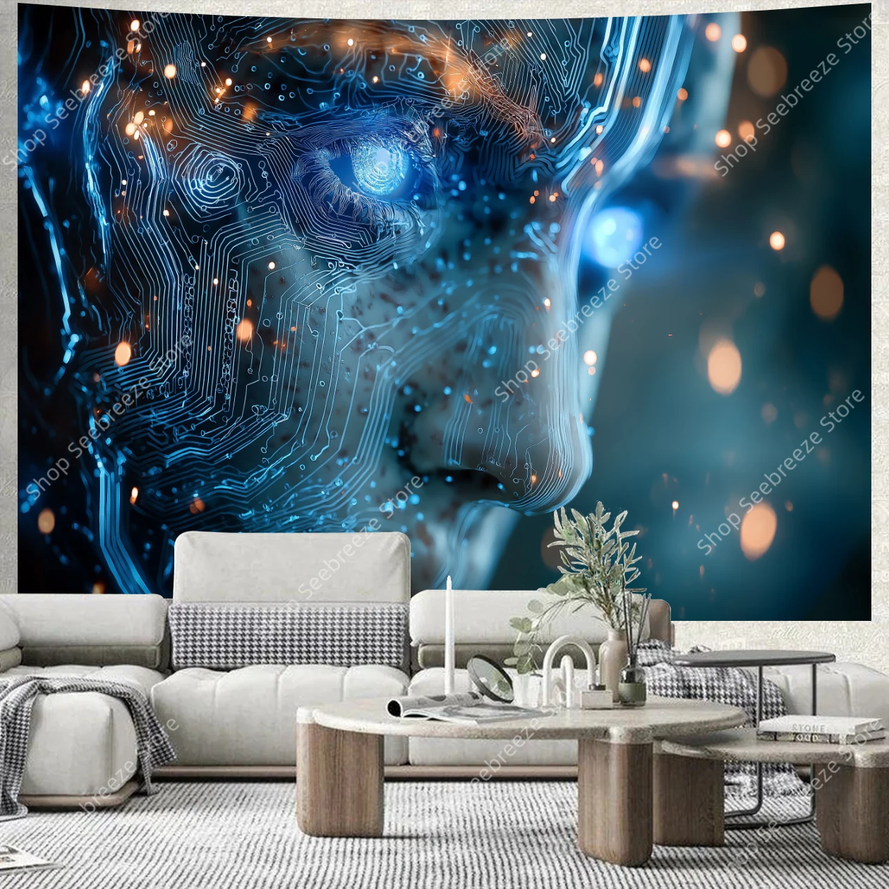 Tech Office Wall Art - Cyberpunk Circuit Board Tapestry Blue Orange