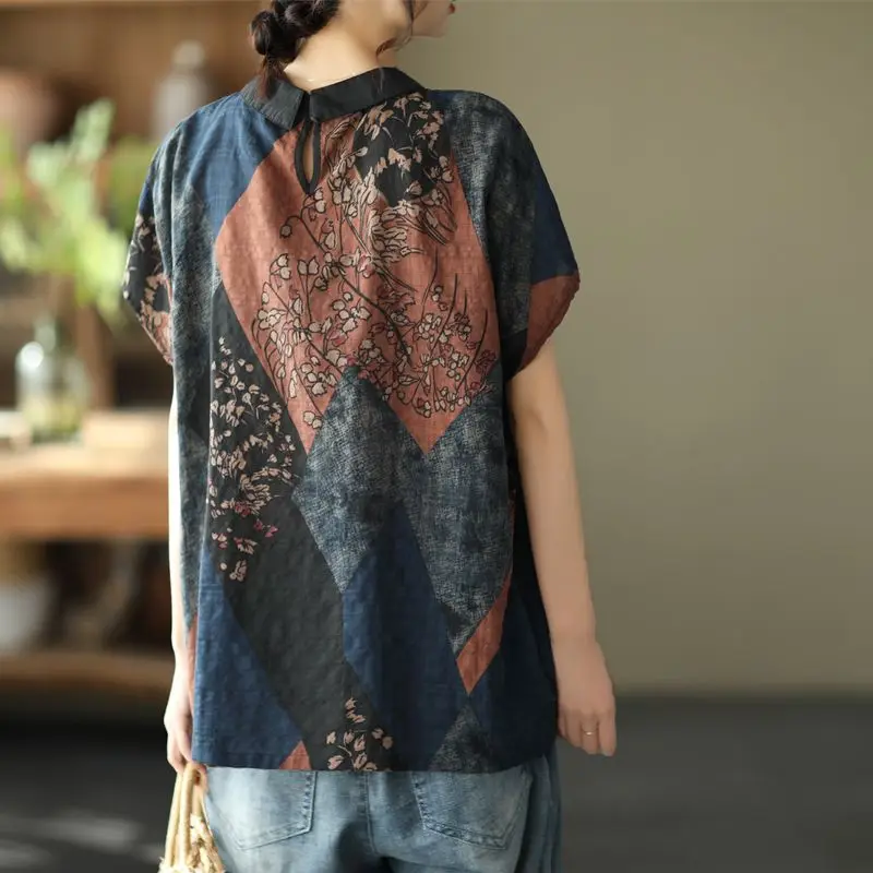 Women Vintage Ethnic Style Oversized Cotton Blouse Summer Fashion Polo Collar Short Sleeve Shirts Casual Simple Tops Blusas Ropa