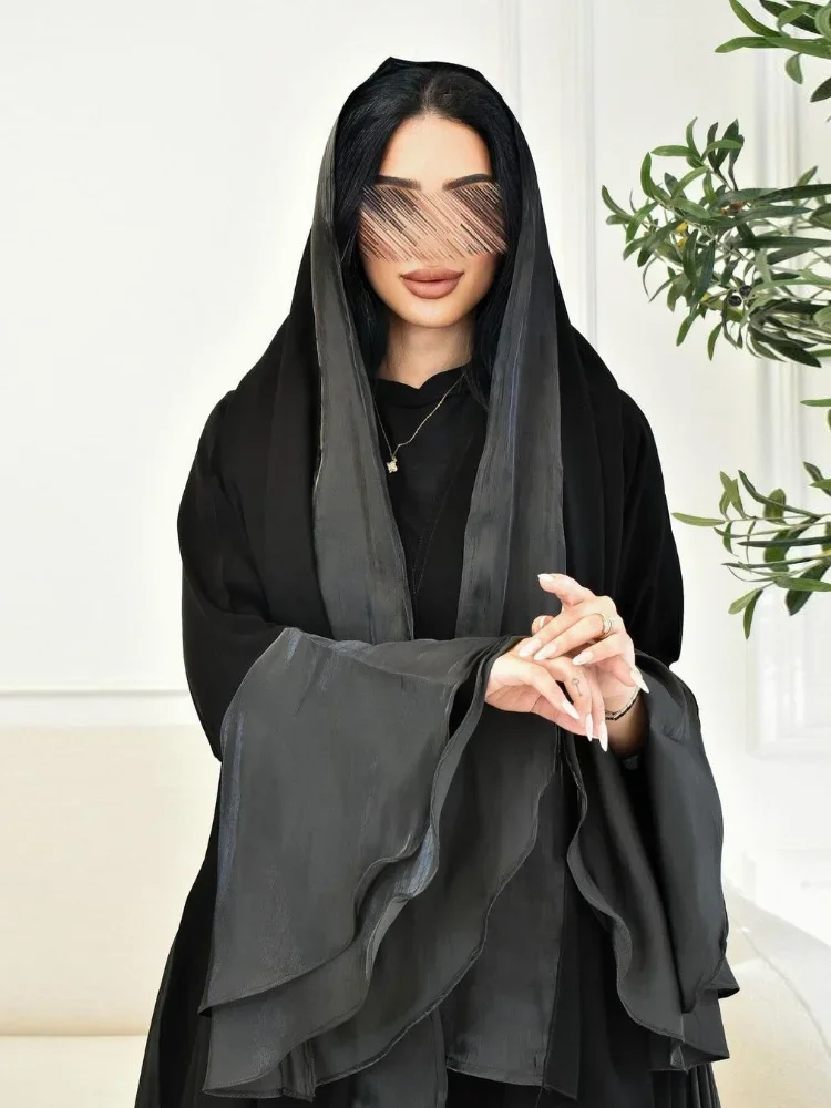 عباية حريرية إسلامية بأكمام مكشكشة للعيد للنساء فساتين جلابية ساتان رداء طويل رمضان المغرب دبي عبايات قفطان فيستدوس