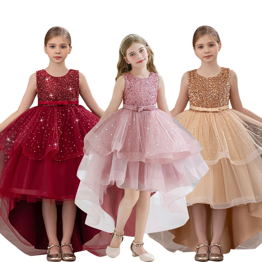 

8-12Y Girl High Low Princess Dress Luxury Sequins Girls Party One Piece Ball Gowns Fancy Birthday Party Elegant Festival Vestido
