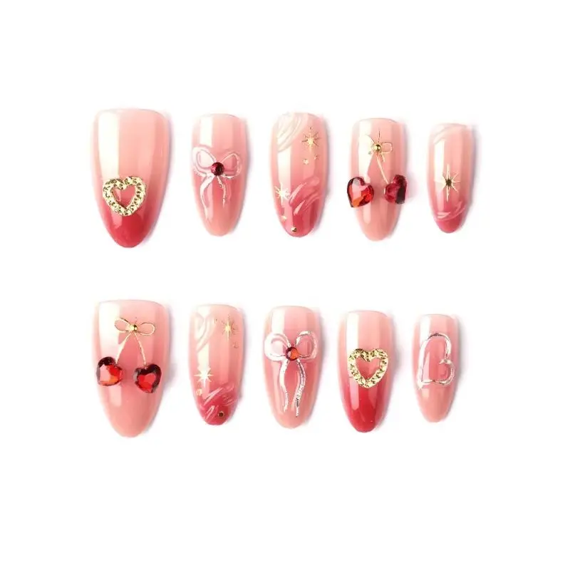 24 Stück Süße Glänzende Rosa Blush French Press-on Nägel 3D Kirsch-Rippenmuster Mandel-Kunstnägel für Frauen Niedliche Schleife Herz Falsche Nagelspitzen