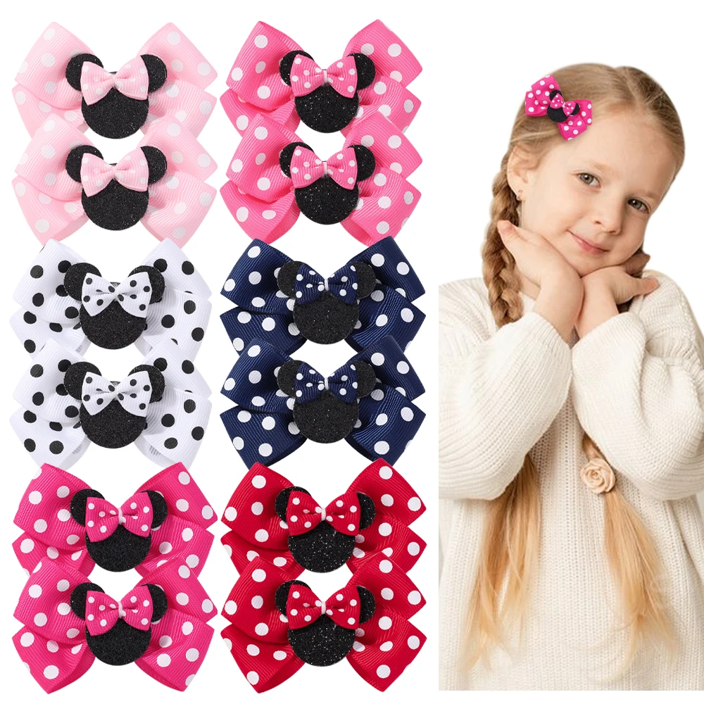 2/4 Uds. Pinza para el pelo con lazo bonito para niños, tocado de dibujos animados de Boutique, cinta tejida clásica, patrón de lunares, pinza para el pelo para niños