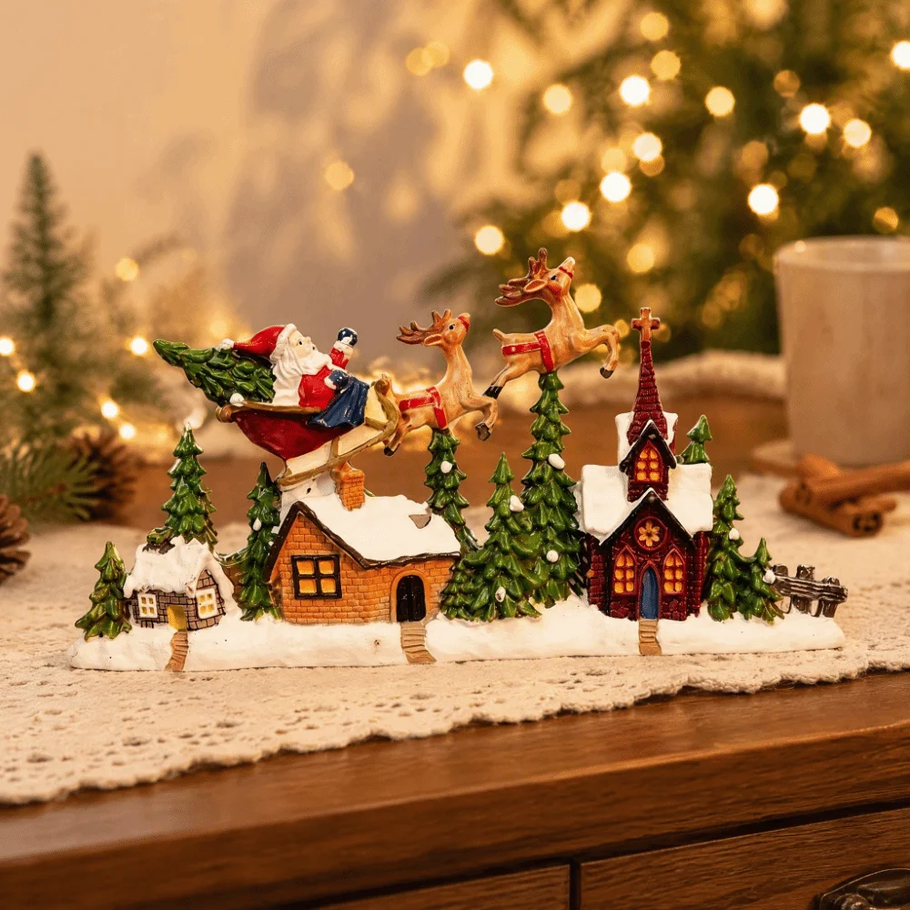 PVC Christmas Village Figurine Winter Landscape Exquisite Santa Claus Statue Versatile Snow Scene Design