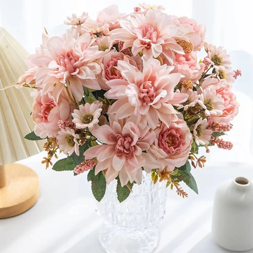 

1pc Artificial Flowers Silk Dahlia Roses Daisy Home Vase Garden Decor Outdoor Wedding Bride Bouquet Celebration DIY Gift Product