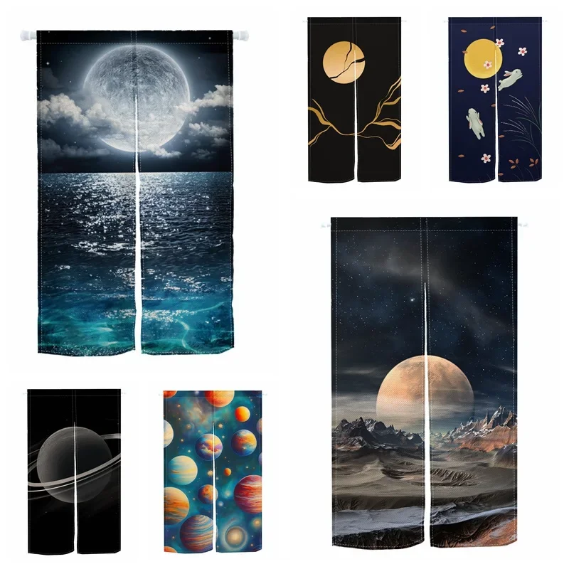 Japanese Door Curtain Moon Night Partition Kitchen Doorway Decorative Drapes Cafe Lzakaya Entrance Noren Hanging Half-Curtain