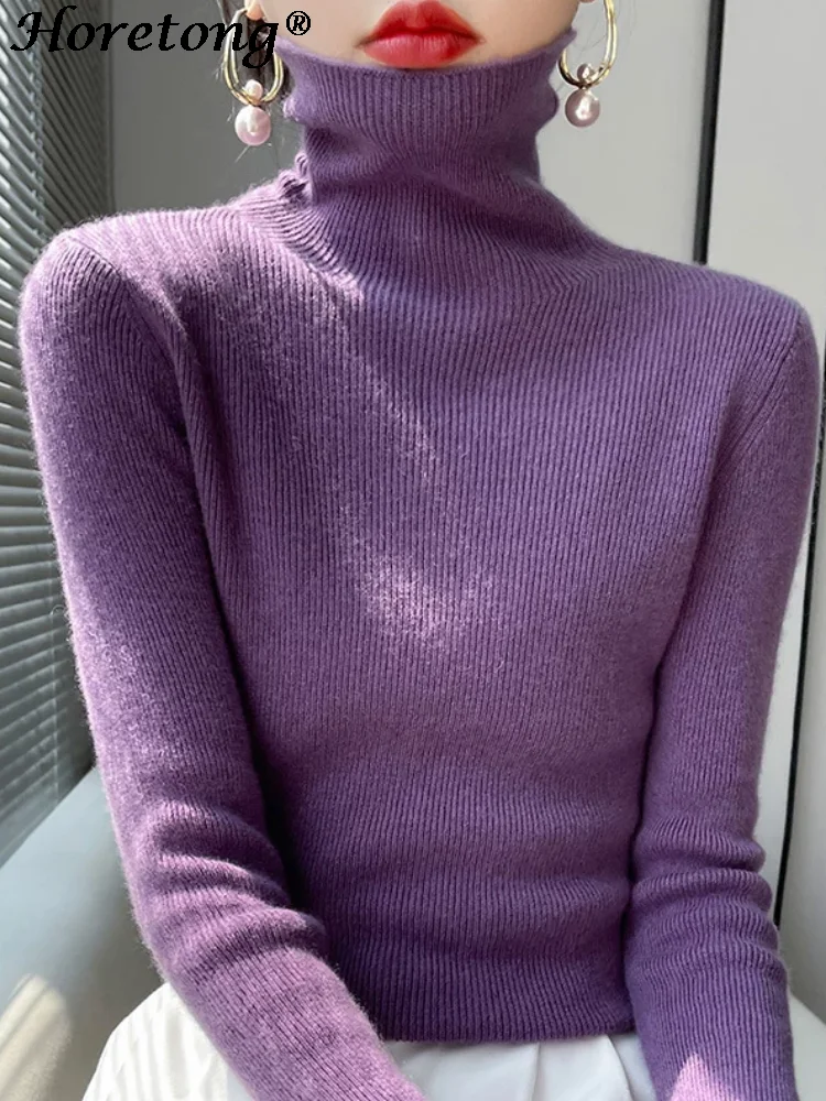 Horetong 2022 Autumn Winter Wool Sweater Women Turtleneck Solid Elastic Slim Knitted Pullover New All-match Elegant Comfort Tops