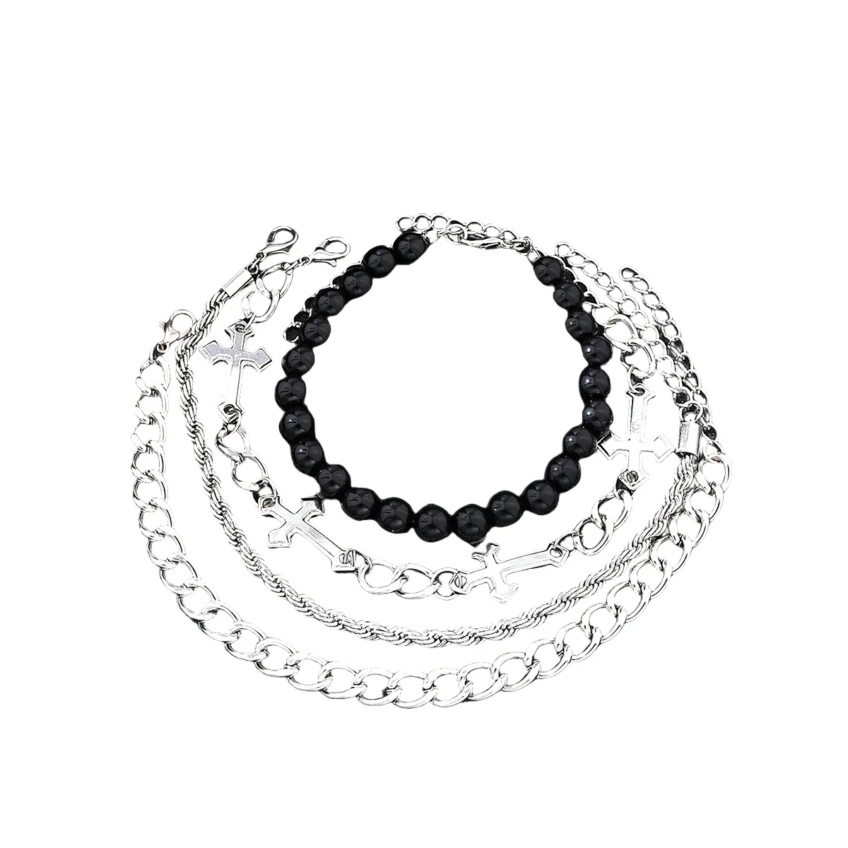 Retro Edelstahl-Kreuz-Armband mit schwarzen Perlen, mehrschichtiges Hip-Hop-Armband in Silberfarbe für Männer, INS-Schmuck, trendige Accessoires – Detail 6