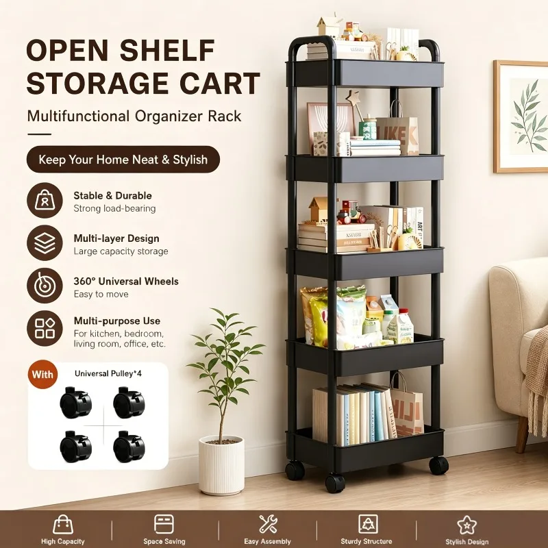 5 Tier Rolling Storage Cart Mobile Organizer Rack Space Saving Utility Shelf With Wheels For Kitchen Bathroom Bedroom Office