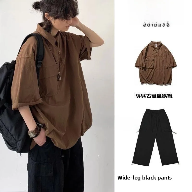 

Men's Basic ort Sve irt Two Buttons Versatile Retro Japanese Sle Summer Workwear Top Faionable Set