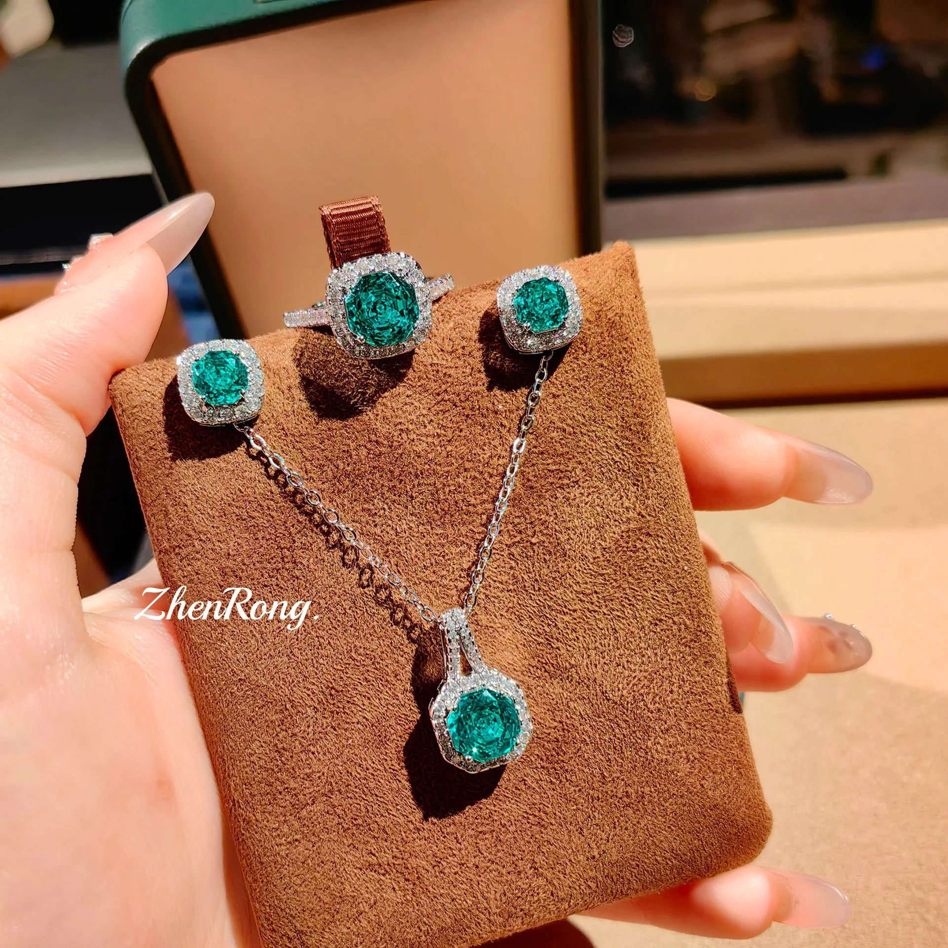 S925 Sterling Silver Ring Necklace Stud Earrings Pendant colorful Diamond Aquamarine Pink Diamond Treasure Set Women