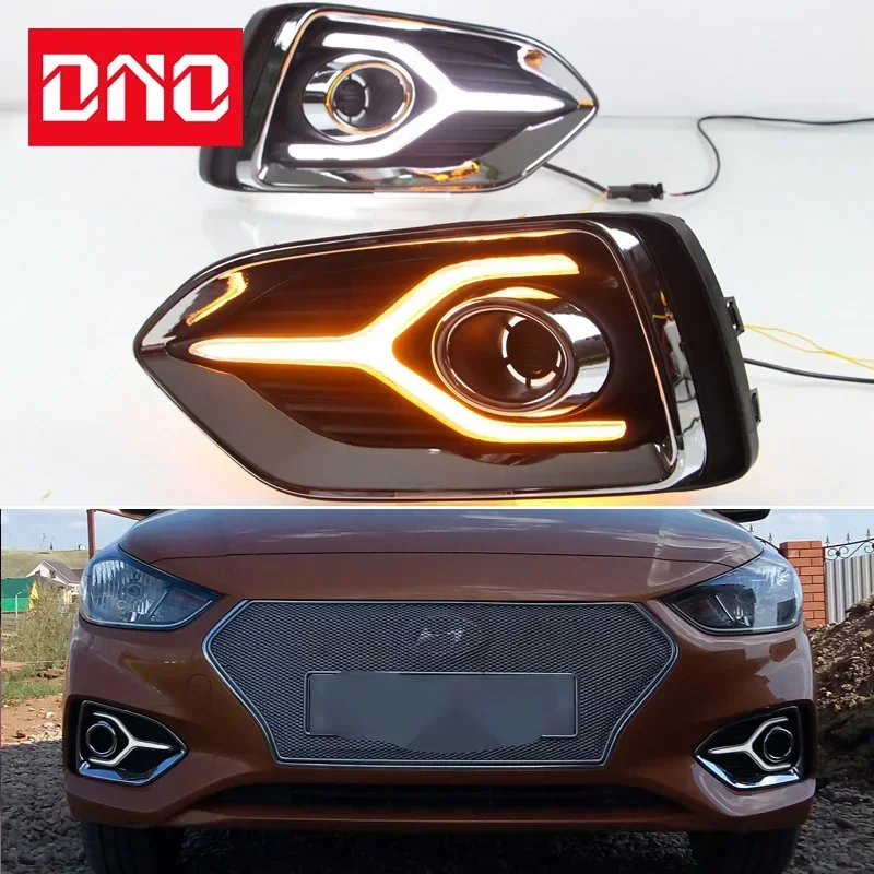 

Car LED Daylights For Hyundai Accent Solaris 2017-2019 Yellow Turn Signal Daytime Running Headlamps Auto Driving Lamp Foglamps