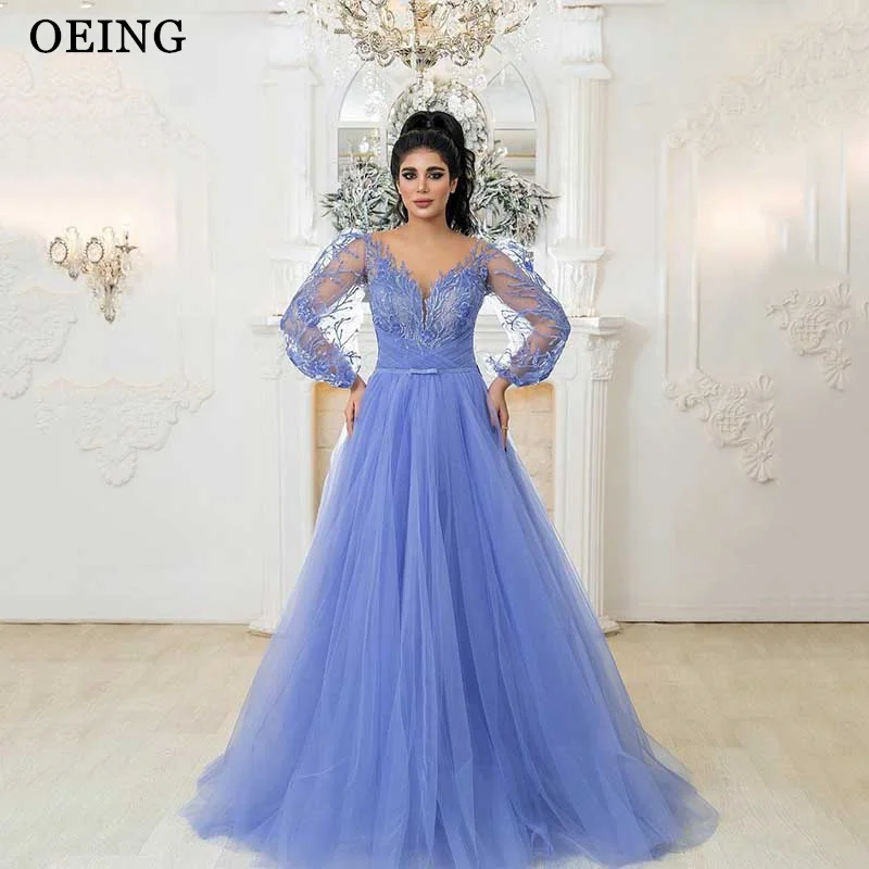 

OEING Chic Lace Applique Tulle A Line Prom Dresses Long V Neck Floor Length Corset Back Evening Gowns Veil Photo shoot Church