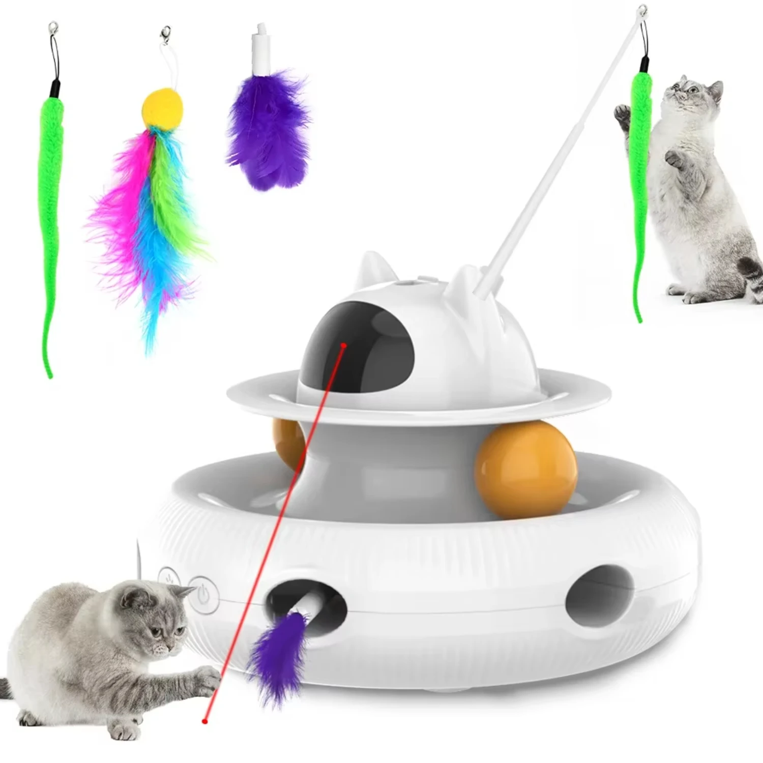 

Moebypet Interactive 4-in-1 Cat Toy Rechargeable Feather Stick Laser Trackball Retractable Feather Popular Indoor Toys Cats Toy