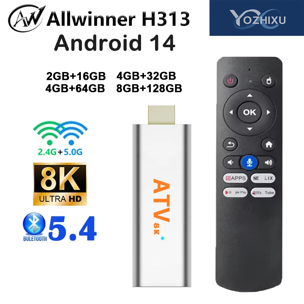 Clé TV Android14 AllwinnerH313, prise en charge 2.4G et 5G, double Wifi BT5.4, télécommande vocale HD 4K 8K, Assistant vocal Google, lecture multimédia Netflix