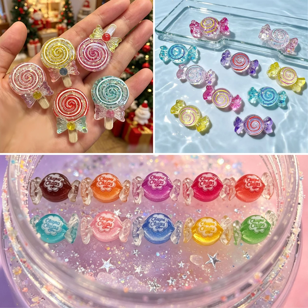 100 pièces de cabochons en résine à dos plat, mignons, en forme de sucettes bonbons scintillantes simulées, pour DIY (coques de téléphone, épingles à cheveux, porte-clés, boucles d'oreilles, scrapbooking)
