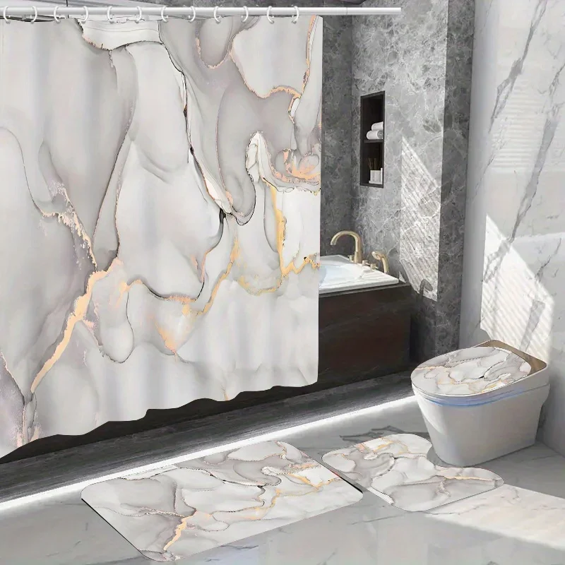 4PCs marble pattern shower curtain set, waterproof shower curtain with non-slip bath mat, U-shaped rug, toilet lid cover, and 12