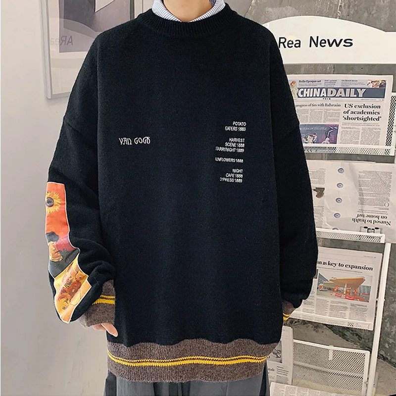 

2023 Ins Harajuki Retro Cotton Jumper Knit Sweter Loose Pullover Men Van Gogh Knitted Sweater Men Vintage Oversize Sweater Male