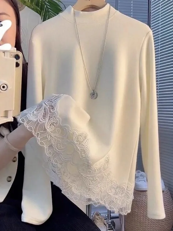 

Повседневная женская футболка больших размеров с кружевной отделкой, на основе немецкого бархата, с художественным дизайном, длинный рукав, весенняя мода