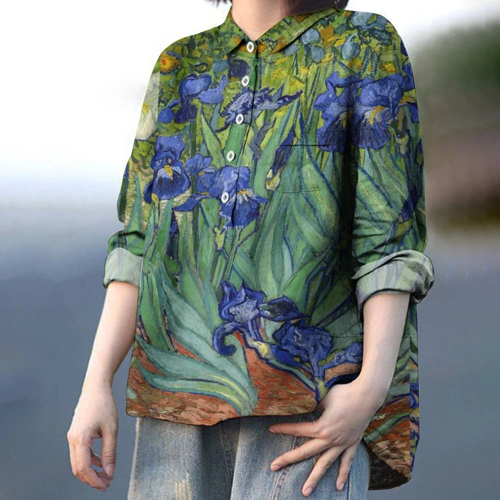 Elegant Iris-Print Shirt Deep Blue Iris Blouse Versatile Iris-Inspired Nature Shirt Natural Lover Outfit Women’s Causal Shirts