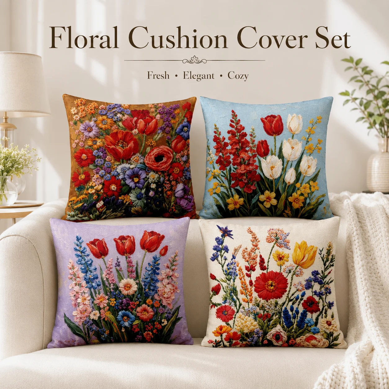 

4Pcs Floral Cushion Covers 2D Flat Printed Peach Skin Oil Painting Flower Room Decor Coussin Spring Sofa Throw Pillowcases Set