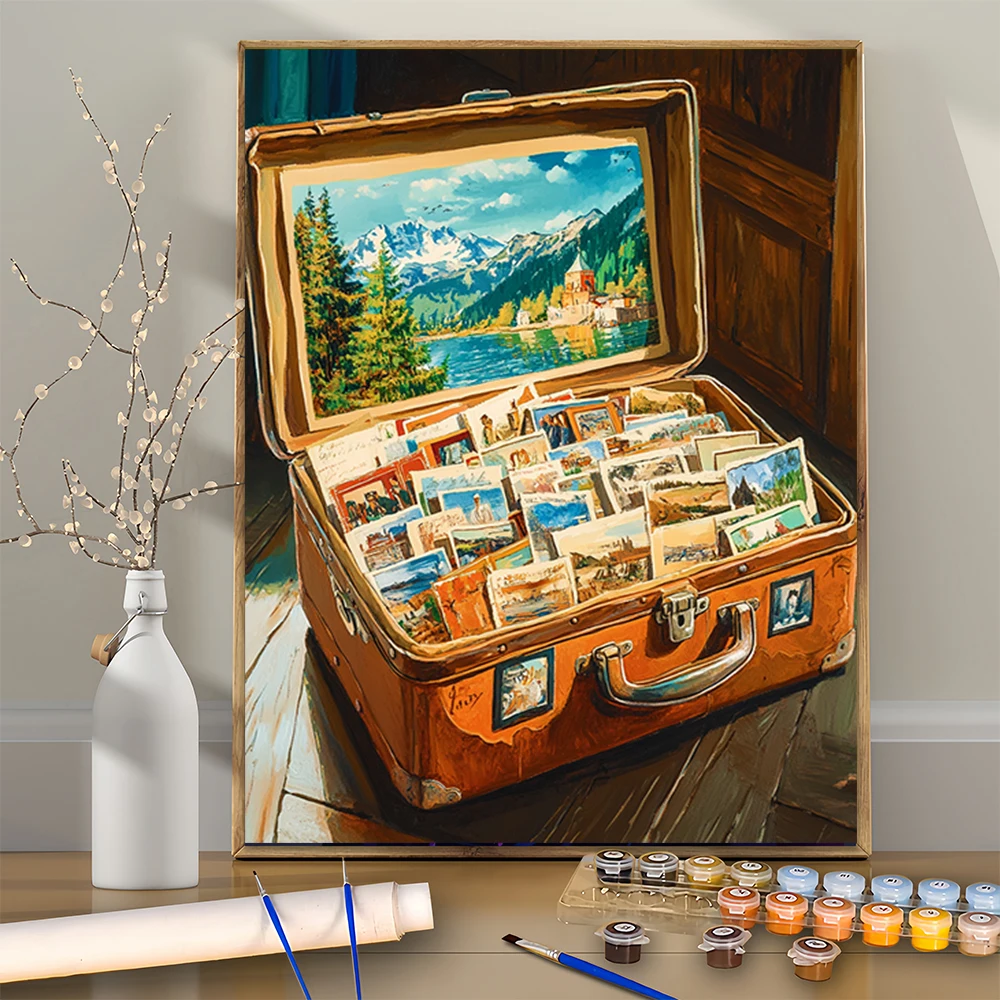 

1Pcs Travel Postcards in Old Box DIY Acrylic Digital Painting Kit For Beginners Home Wall Decor Not Included,Without frame