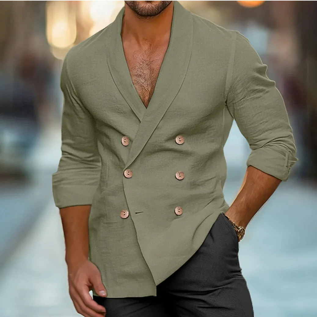 

2026 Men's Vintage Double Breasted Lapel Thin Suit Jacket Solid high-end Shirt Coats Male Fashion Business Casual Cardigan Tops