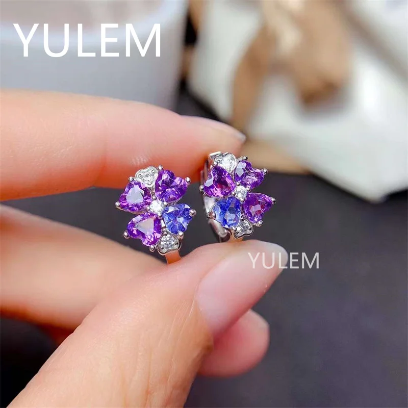 Luxurious Long Sun Flower Natural Blue Tanzanite and amethyst Ear Clip Drop Earrings 925 Silver Natural Gemstone Earrings Women view 2