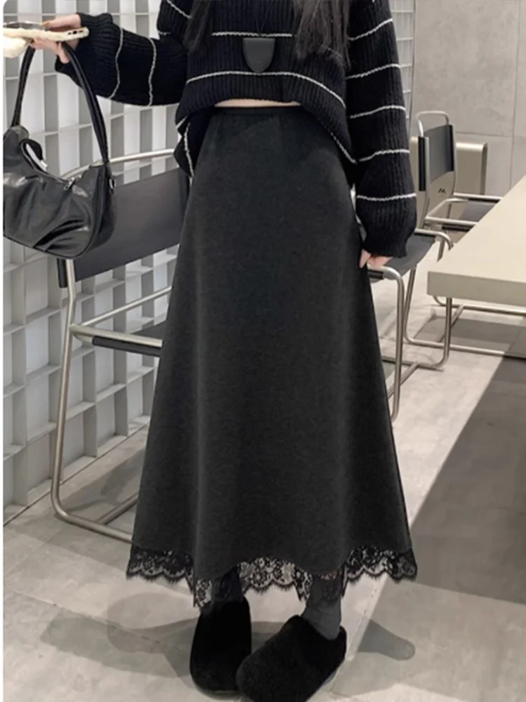 

Мягкая юбка А-силуэта с высокой талией, кружевными вставками и эффектом коррекции бедер, с широким подолом, осенняя, повседневная, из полиэфирного волокна