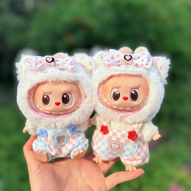 

New Labubu Clothes 15/17cm Bow Cat Hat Plaid Overalls Suit Cute Doll Decoration Replacement Clothes Suitable For V1 V2 V3