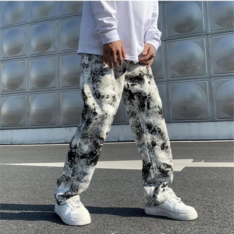 Printed jeans men Spring 2025Tie dye Jeans Fashion trend Denim Trousers Korean Style High Street Straight Hip Hop Jean Pants man