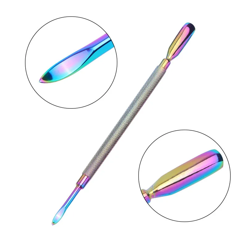 Rainbow Stainless Steel Nail Cuticle Pusher Tweezer Nail Art Files UV Gel Polish Remove Manicure Care Groove Clean Tool