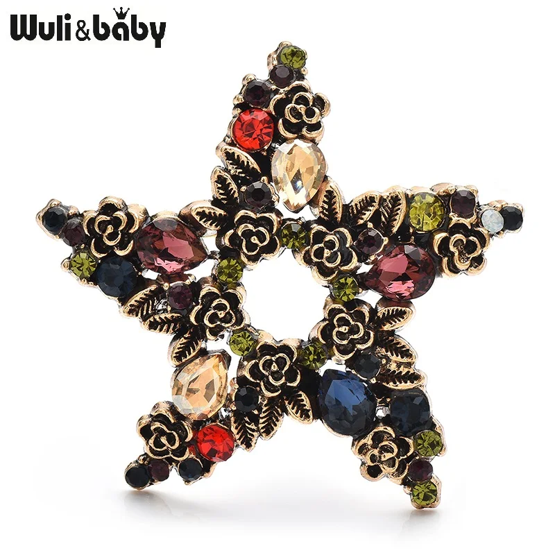 Wuli&baby Vintage Flowers Star Brooches For Women Unisex Rhinestone Christmas New Year Party Office Brooch Pins Gifts