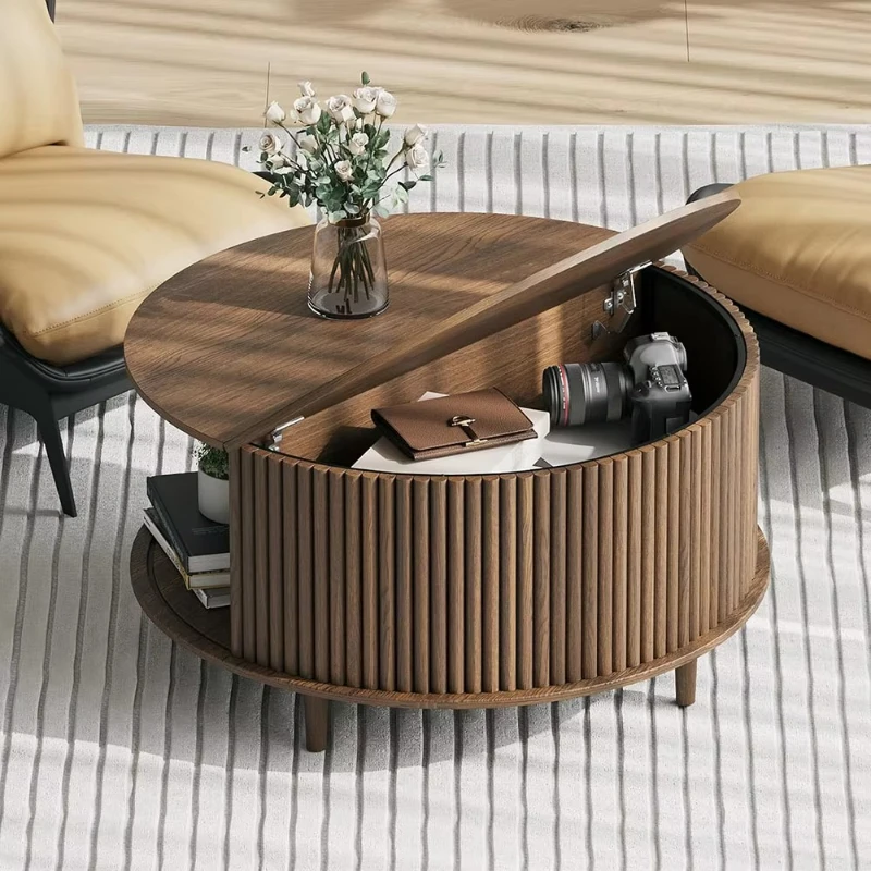 

Modern luxury wooden coffee table with sliding cabinet door walnut small central table living room storage coffee table