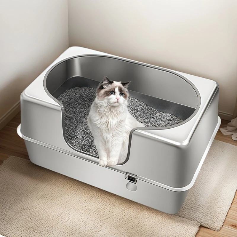 

Large Open Style Cat Litter Box Stainless Steel High Sided Cat Bedpans Anti-Splash Metal Kitty Tray Easy Clean Cats Washroom
