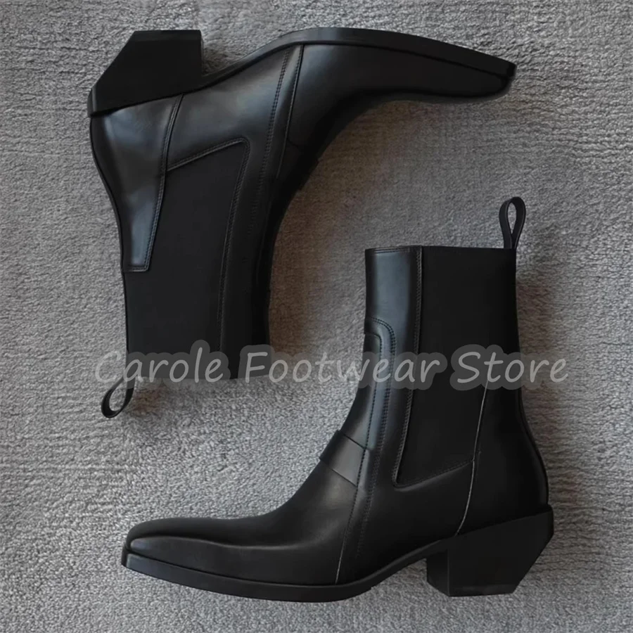 

Black Square Toe Chunky Heel Chelsea Boots for Men Fashion High Top Heigh Increasing Western Boots Male Slip-On Strecth Boots