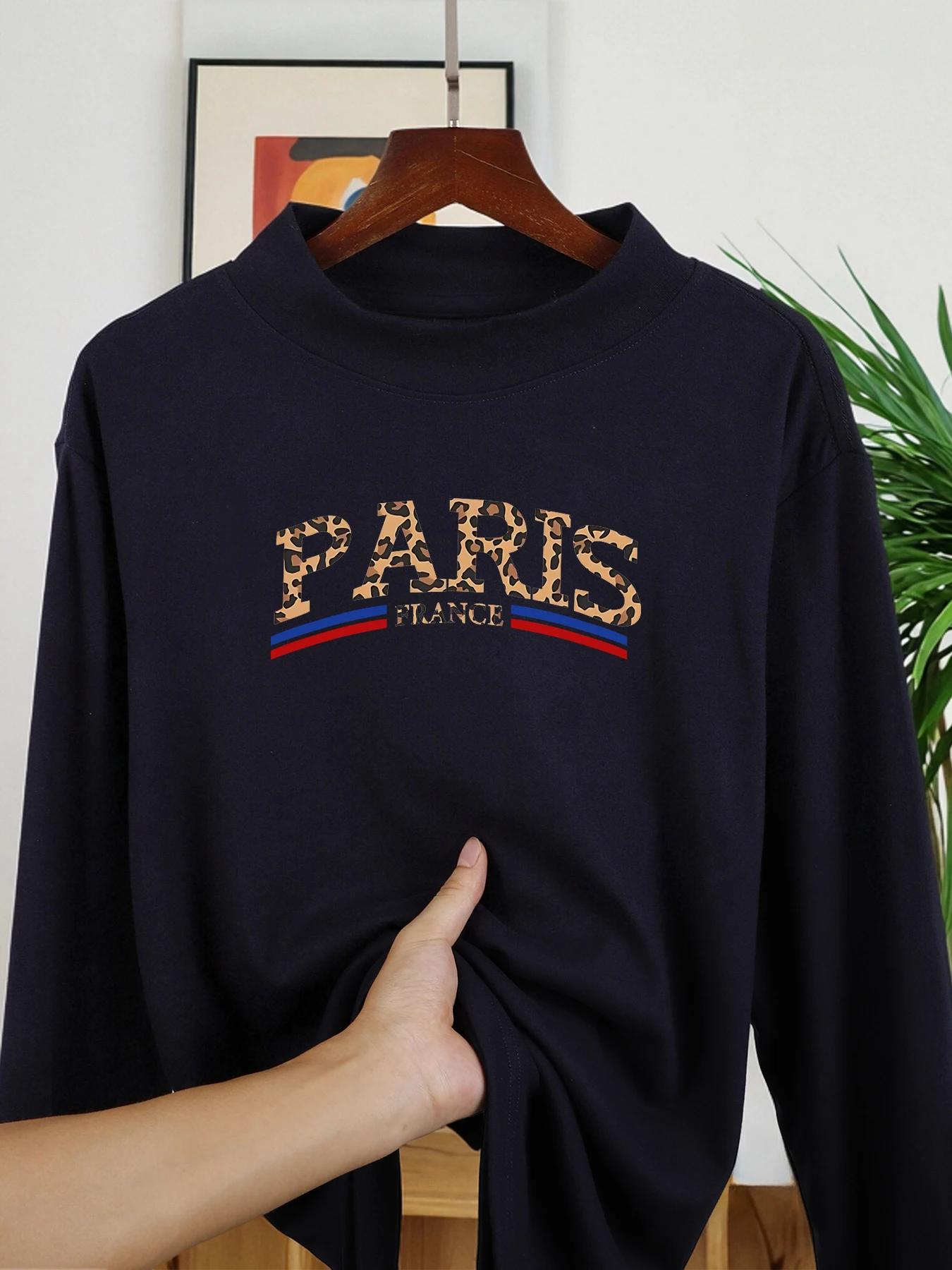 

Paris France City Pattern Basic Shirt Womens Autumn Soft T Shirts Fleece Comfortable Long Sleeve Y2K Half High Neck Clothing
