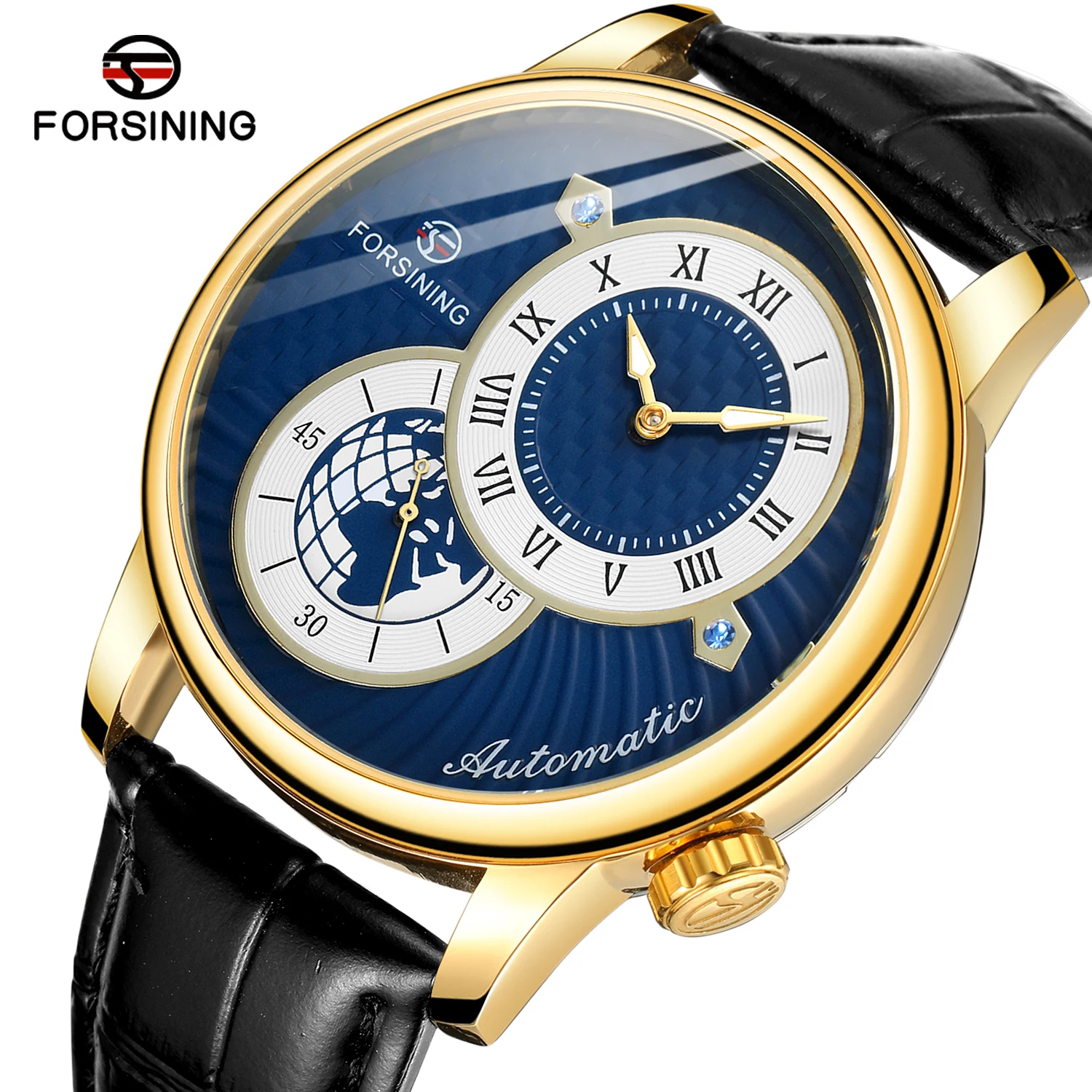 Forsining Fashion Men's Watches Automatic Mechanical Two Dial Display Waterproof Earth Image Design Leather Strap Relogio Clock
