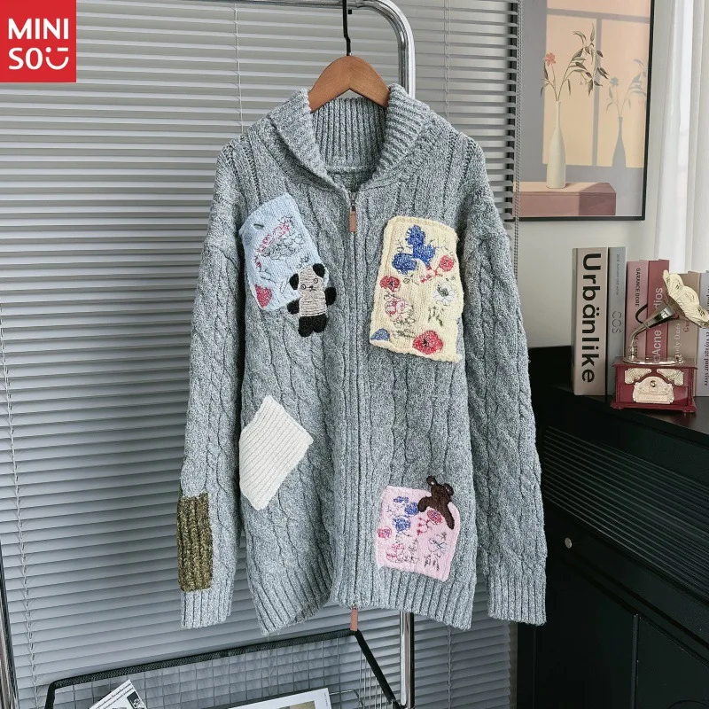 

Miniso Heavy Duty Graffiti Cardigan, Retro Cartoon Patch Sweater, Embossed Knit Coat