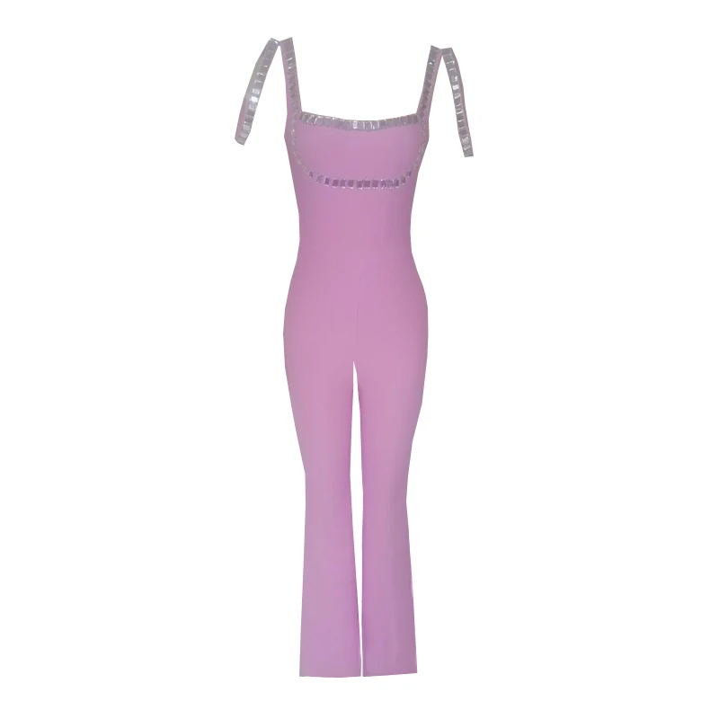 Women High Waist Light Purple Sleeveless Rhinestones Wide Leg Jumpsuit Bodycon New Fashion Celebrity Club Party Bandage Jumpsuit