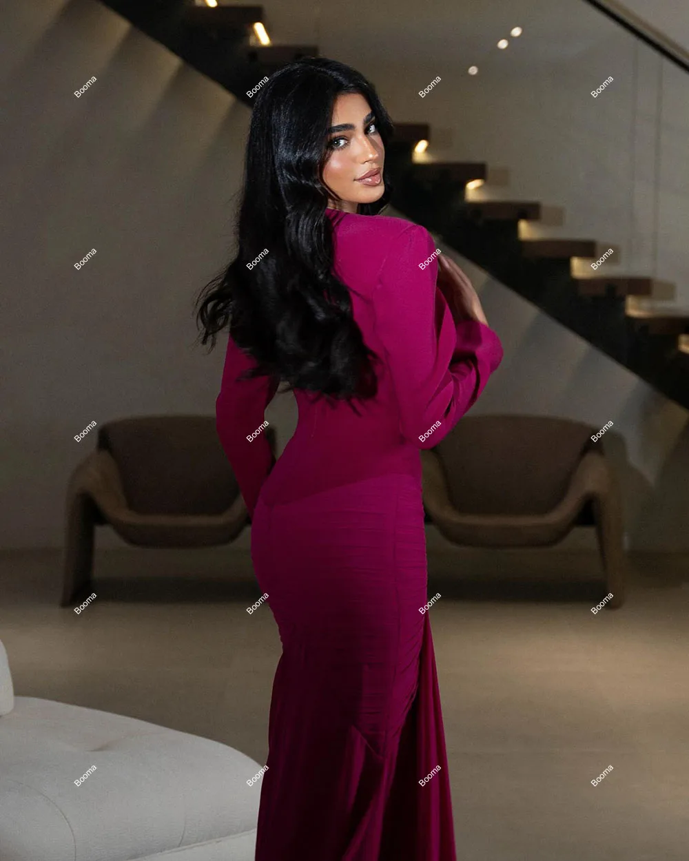 Booma Elegant Mermaid Evening Dresses Square Collar Long Sleeves Formal Occasion Dresses for Women Arabic Party Prom Gowns