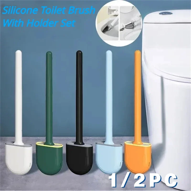 Hanging Toilet Brush Water Leak Proof with Base Silicone Wc Flat Head Flexible Soft Bristles Brush with Quick Drying Holder