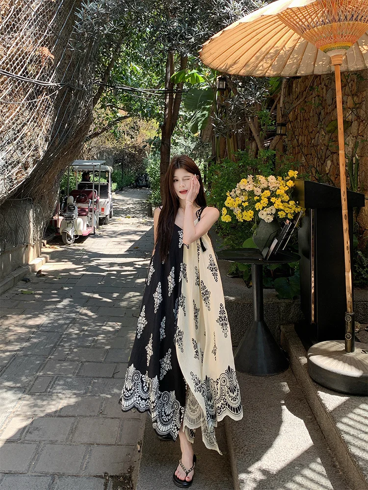 Vakantiestijl Geblokkeerde kleur bedrukte losse jurk 2025, zomer nieuwe dames casual lange onregelmatige jurken, Boho vakantie strandjurken