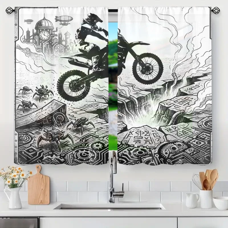 Abstract Gothic Motorcycle Print Window Curtain Black White Comic Steampunk Bike Art Home Decor Industrial Monochrome Filtration