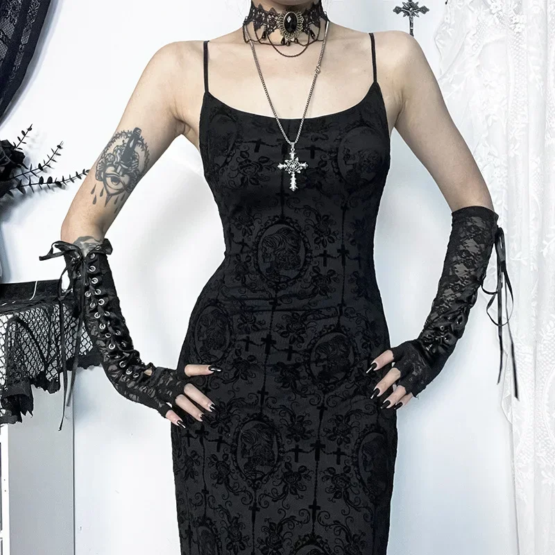 Vintage shopping goth vestido feminino streetwear fairycore grunge elegante cinta de espaguete cintura alta reunindo festa midi vestido