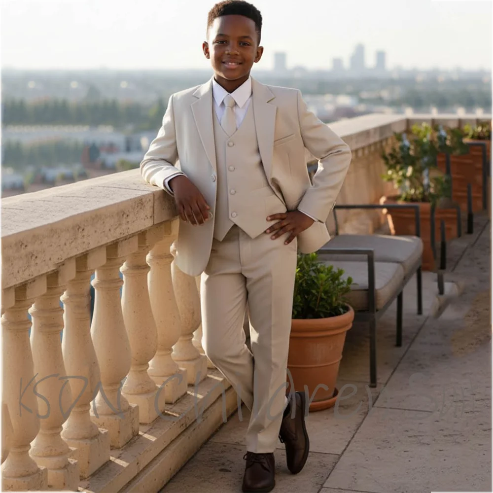 

Beige Boys 3 Piece Suit Notch Lapel Single Breasted Blazer Vest Pants Kids Wedding Formal Tuxedo Boy Birthday Outfit Custom