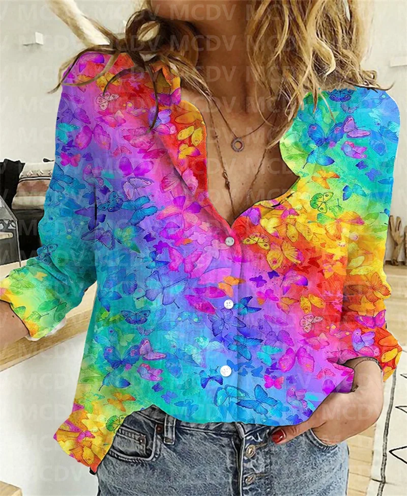 Women Linen Shirt Butterfly Art 3D Printed Button-down Shirt Casual Unique Streewear 10 Style