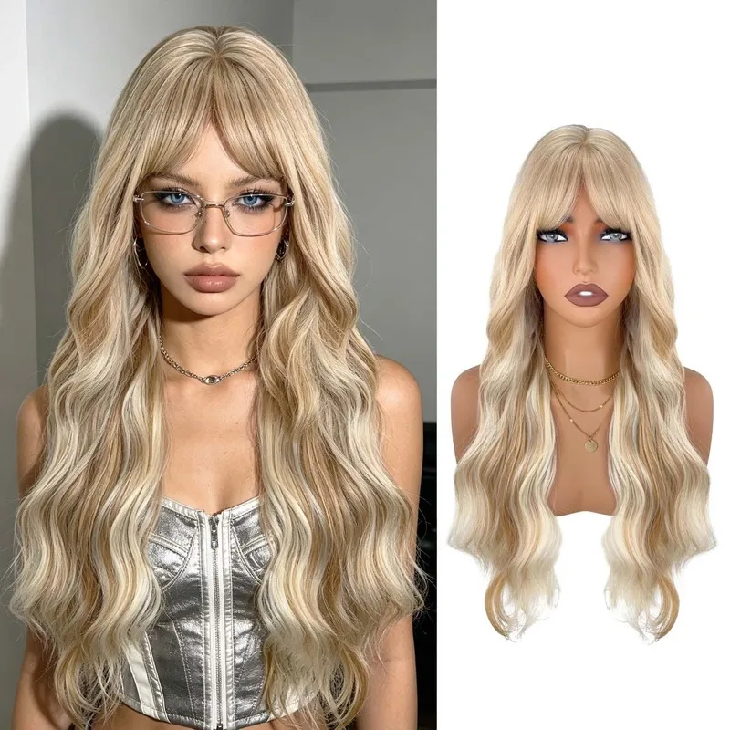 Golden long curly wig, lightweight soft, versatile everyday wear, with a European and American style that allows for sty